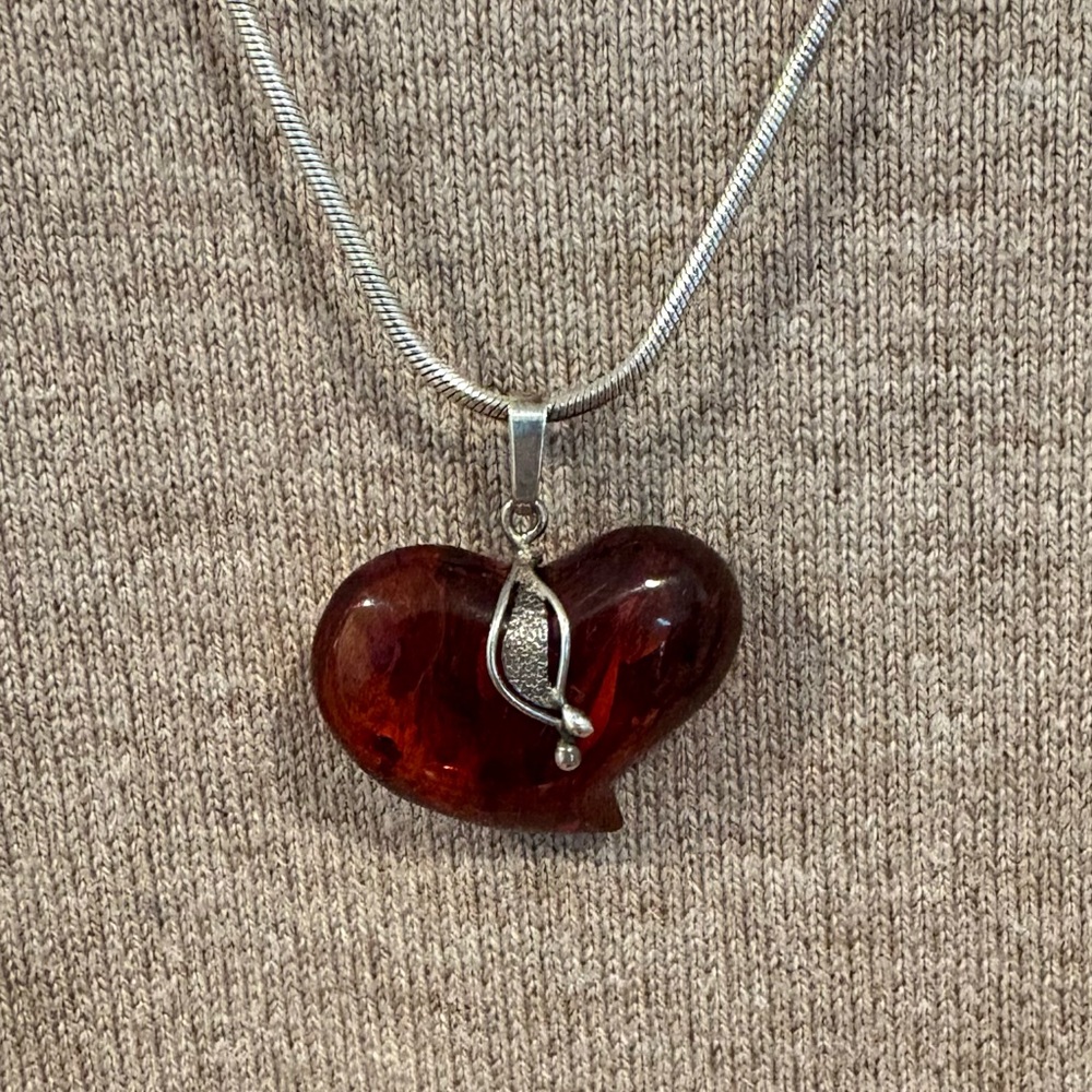 Amber Heart Pendant Necklace with Sterling Silver Chain - Picture 3 of 6